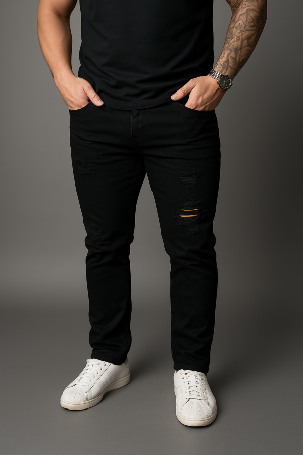Pantalón Moda Strech Rasgado Corte Slim Negro